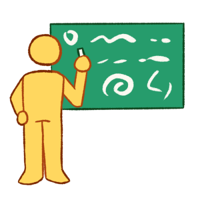 A digitally drawn image of a person holding chalk and standing next to a chalkboard. their skin is emoji yellow